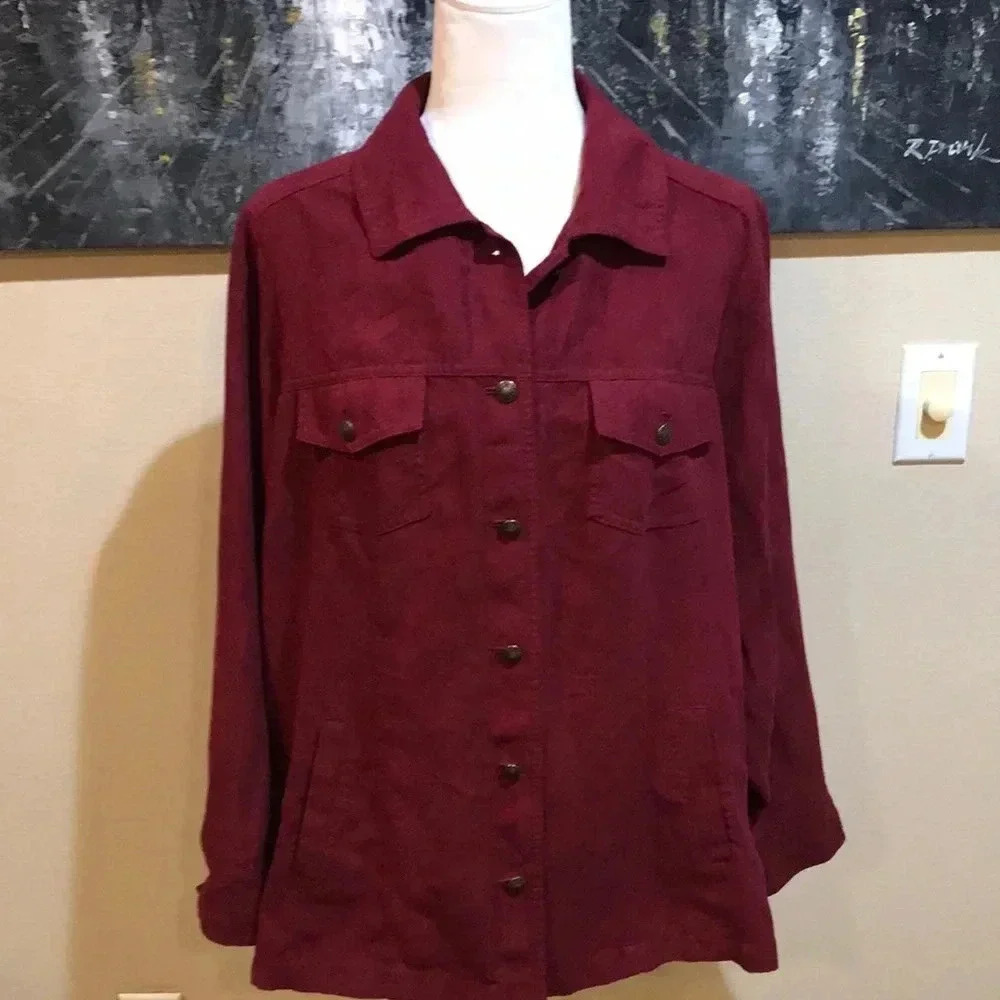 Croft & Barrow Burgundy Faux Suede Button Front Shacket w/Chest/Side Pockets-1X